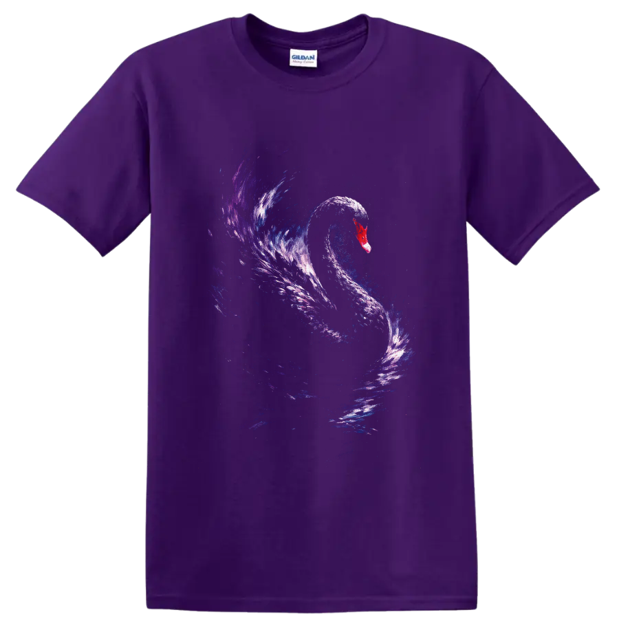 Cosmic watercolor swan with a red bill and flowing blue and purple galaxy brushstrokes on a Purple T Shirt
