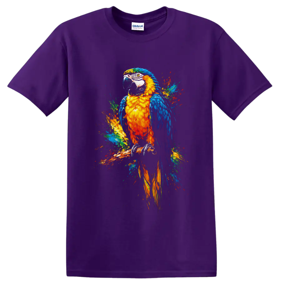 Colorful macaw parrot perched on a branch in vivid tropical paint-splash art on a Purple T Shirt