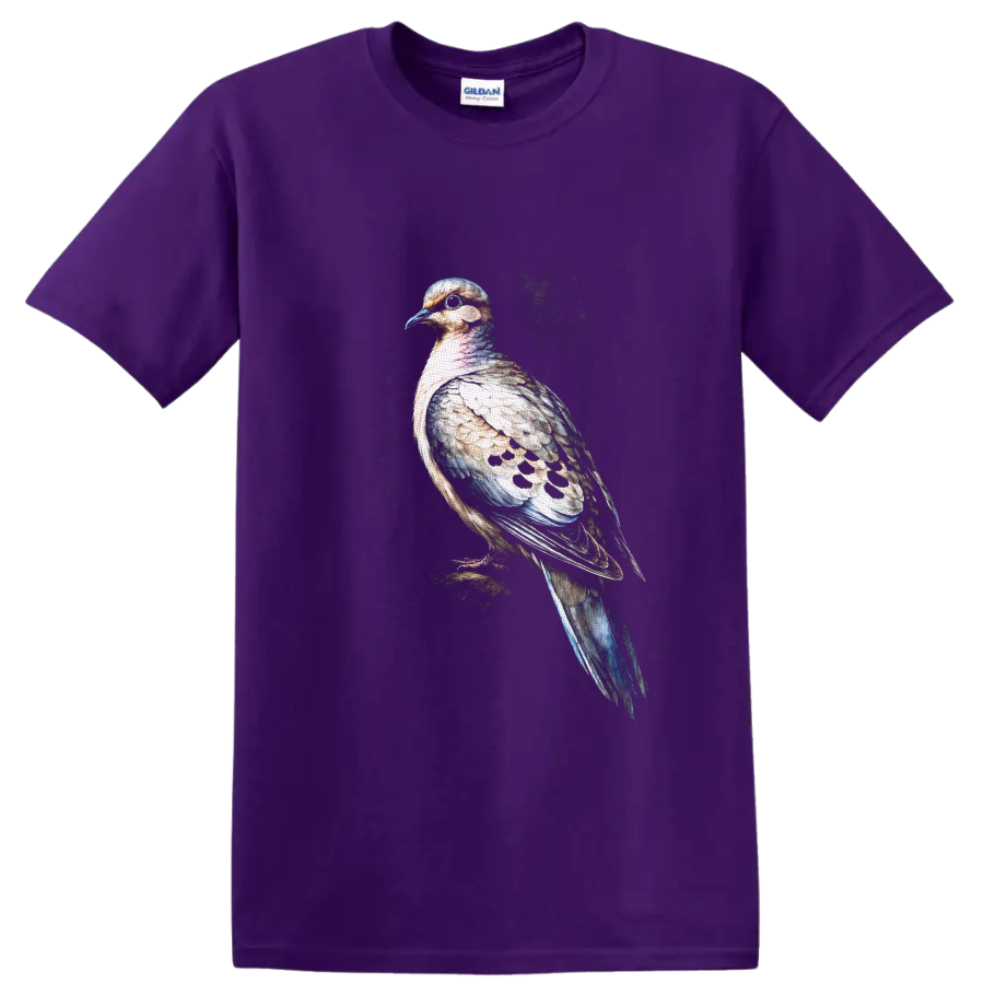 Watercolor-style mourning dove portrait with spotted wings and speckled backdrop on a Purple T Shirt