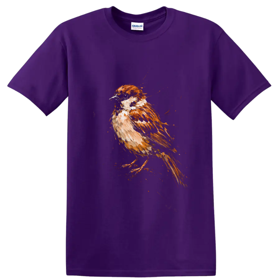 Watercolor-style house sparrow perched in warm brown and cream painterly strokes on a Purple T Shirt