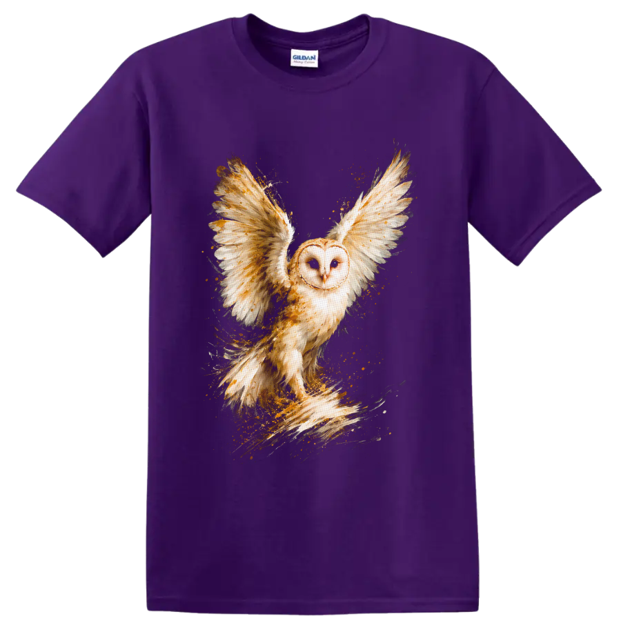 Barn owl in flight with spread wings in golden watercolor wildlife art on a Purple T Shirt