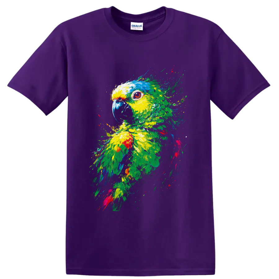 Colorful parrot portrait in vibrant tropical paint splatter art on a Purple T Shirt