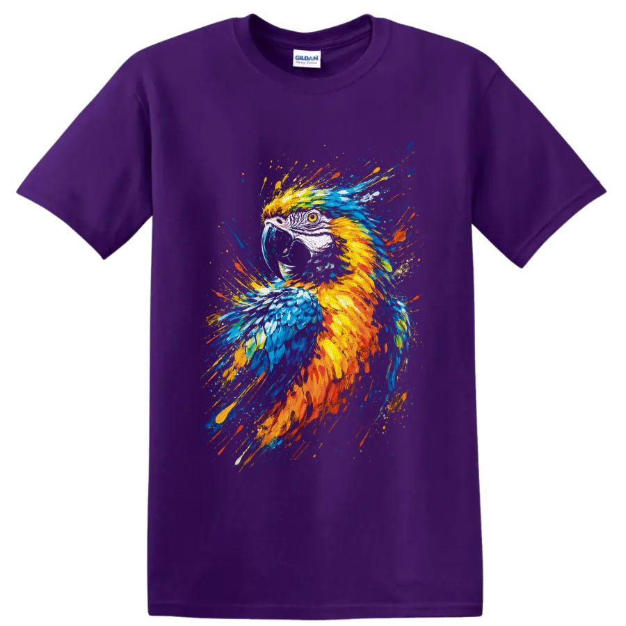 Colorful macaw parrot portrait in vivid blue, yellow, and orange paint-splash art on a Purple T Shirt