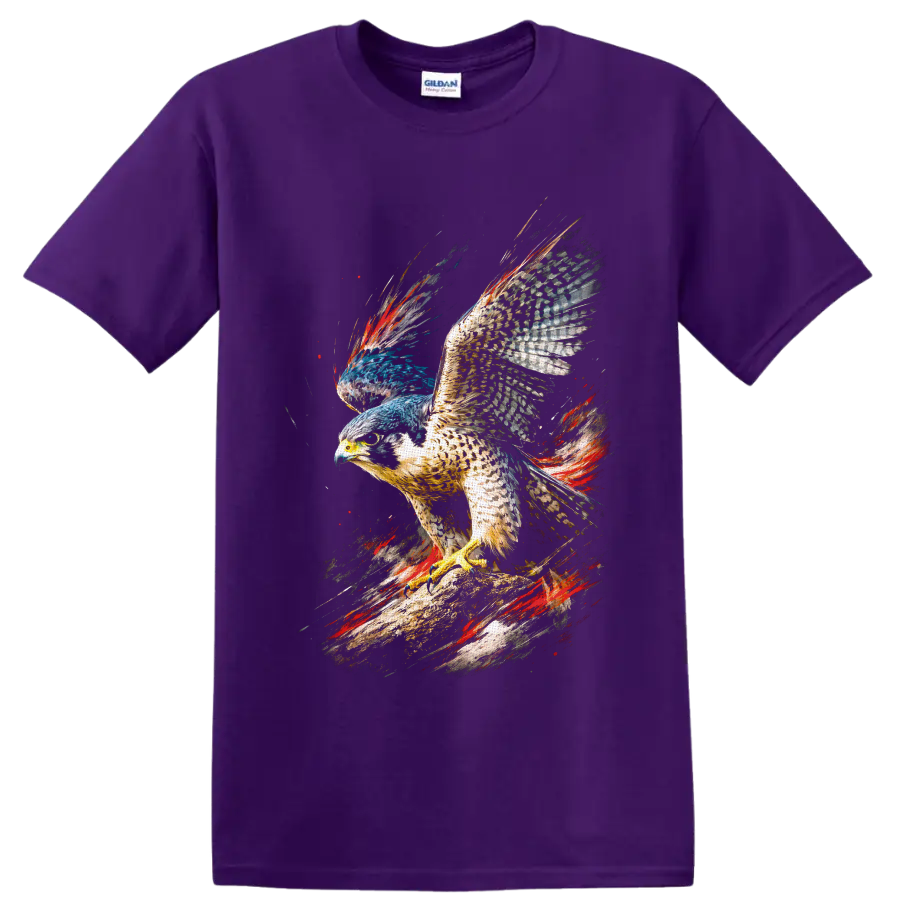 Peregrine falcon on a branch in colorful paint-splash wildlife art on a Purple T Shirt