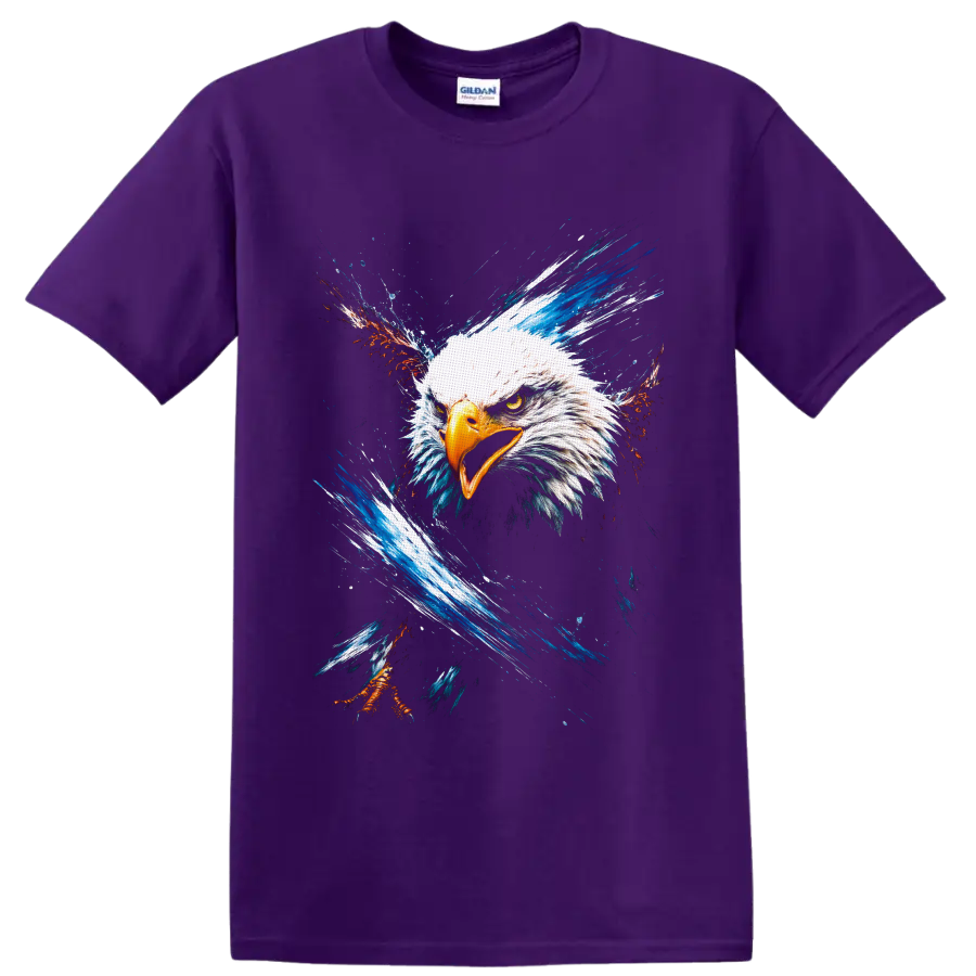 Fierce bald eagle portrait with red, white, and blue splash art on a Purple T Shirt