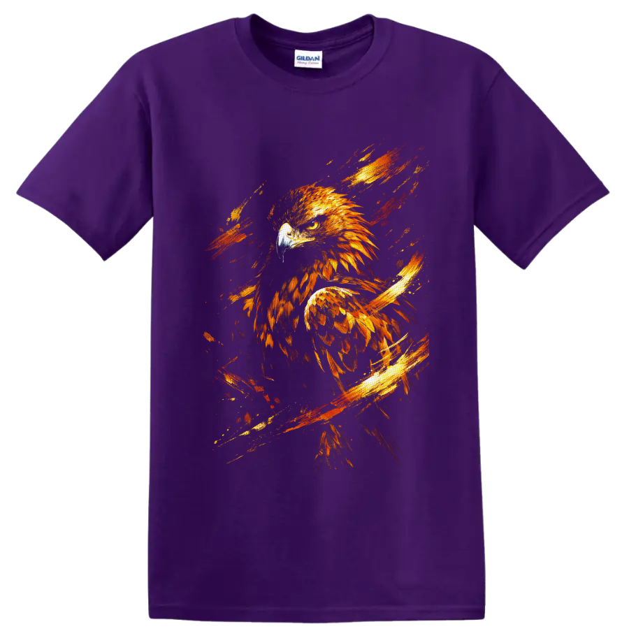 Fiery golden eagle illustration with textured feathers and red-orange brushstrokes on a Purple T Shirt