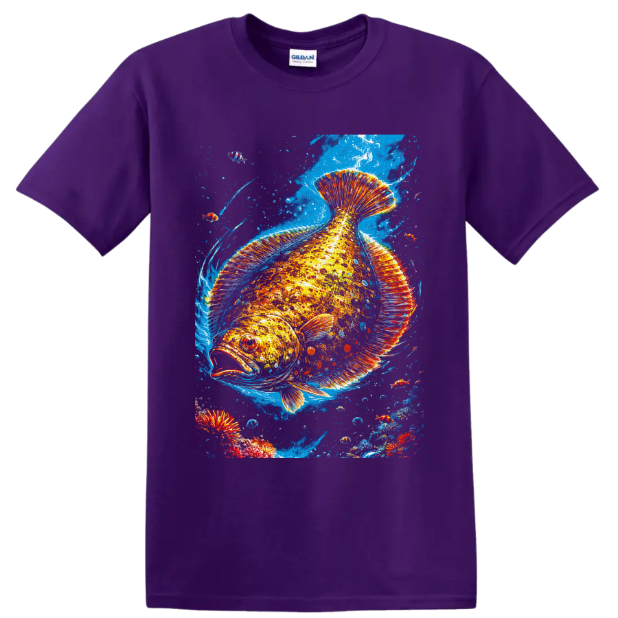 Vibrant tropical fish illustration with fiery fins, blue currents, bubbles, and small fish on a Purple T Shirt