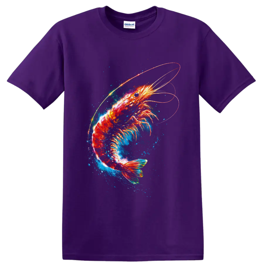 Glowing cosmic shrimp with blue ocean splashes and luminous orbital rings on a Purple T Shirt