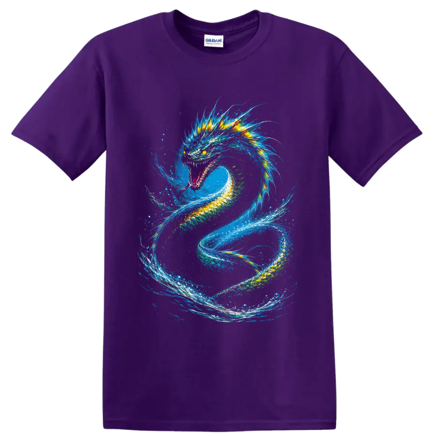 Colorful Water Dragon with blue mane coiling through swirling ocean waves on a Purple T Shirt