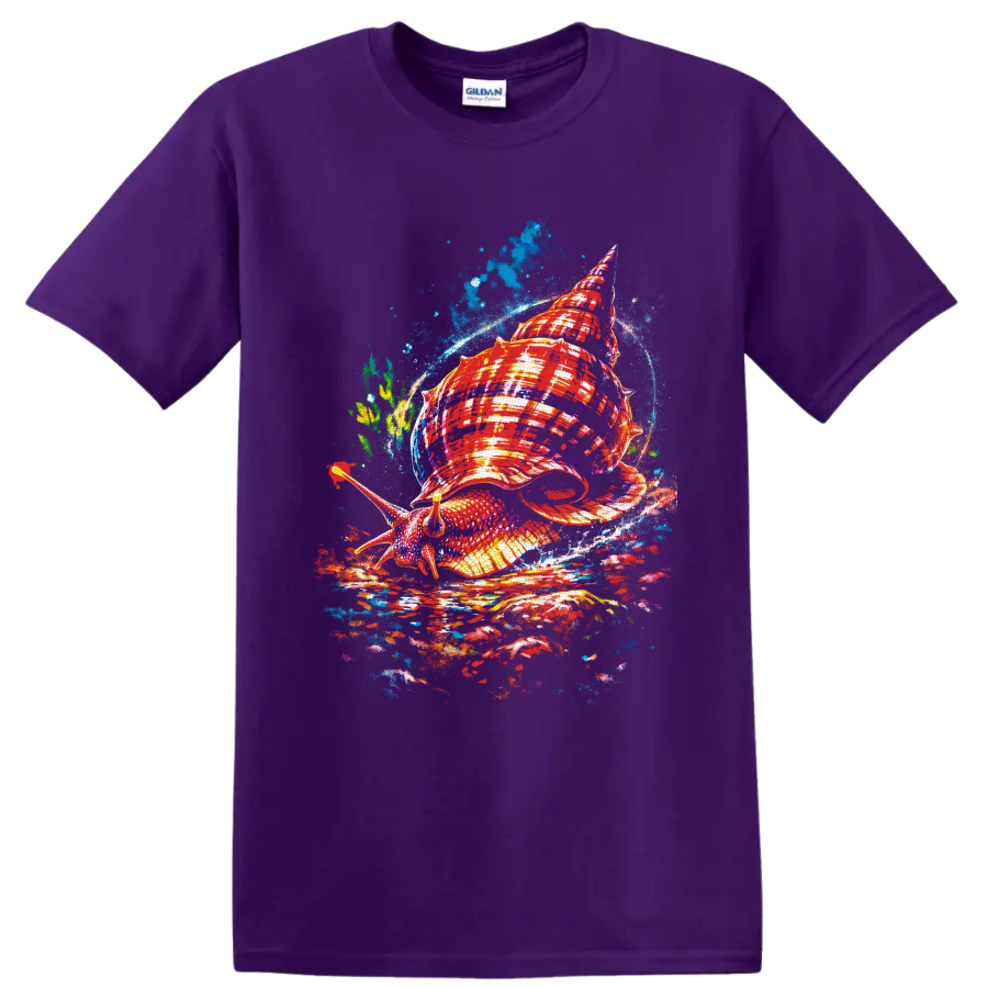 Colorful sea snail with a red spiral shell in expressive blue ocean splash art on a Purple T Shirt