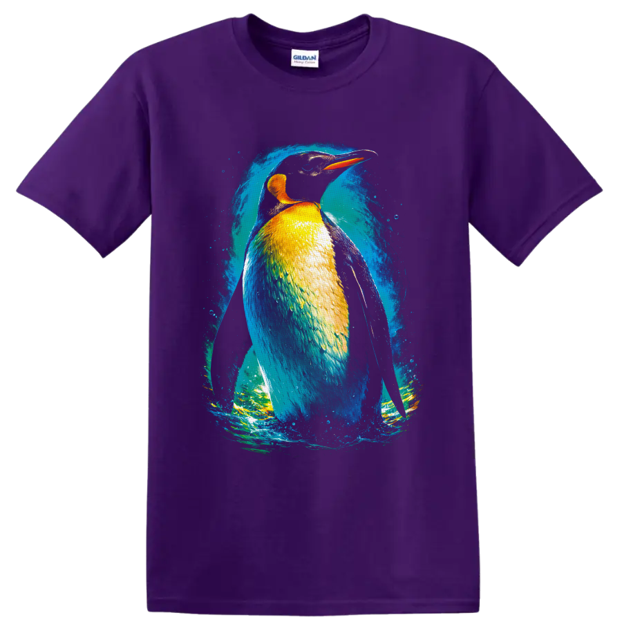 Colorful kingfisher illustration with blue, gold, and orange plumage in a curling wave on a Purple T Shirt