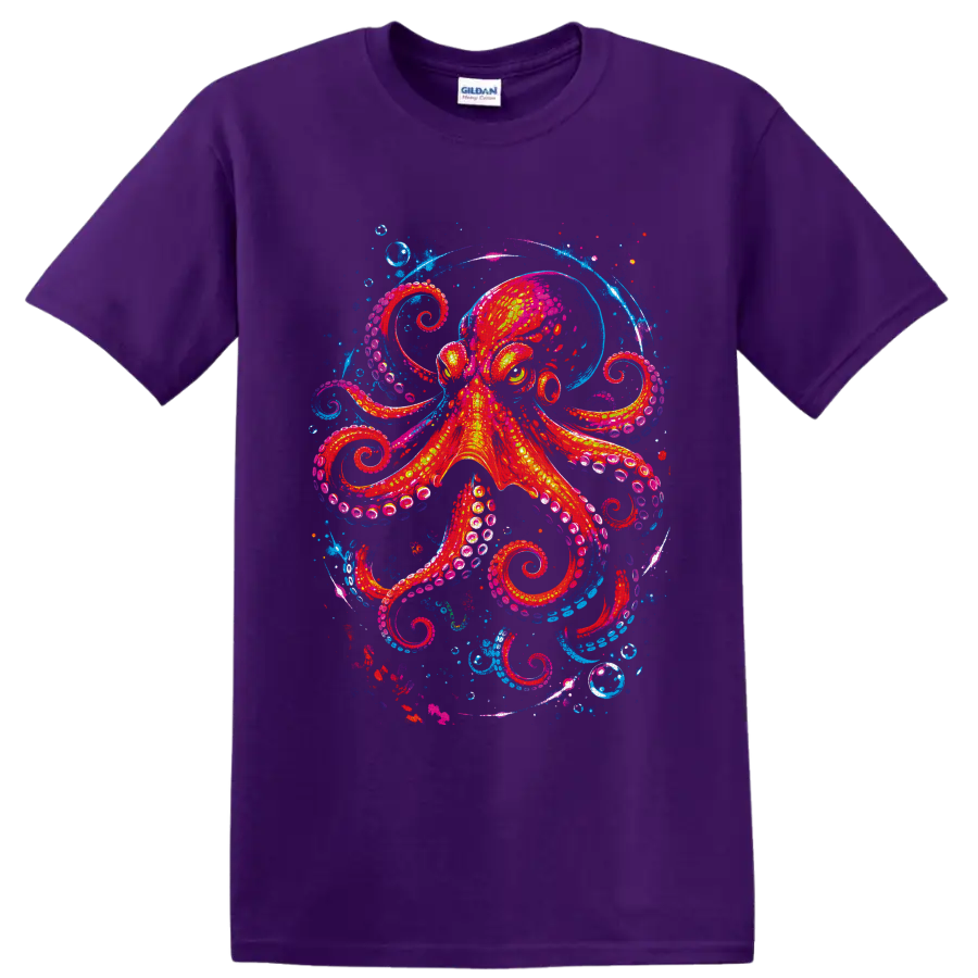 Neon-style octopus with curling tentacles, bubbles, and electric blue ocean swirls on a Purple T Shirt