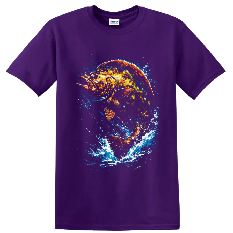 Color splash largemouth bass graphic with orange fins and dramatic blue water splashes on a Purple T Shirt