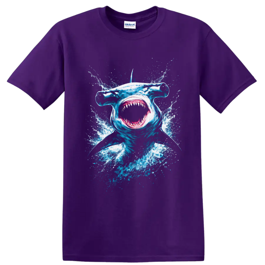 Hammerhead shark portrait with open mouth and explosive blue ocean splash artwork on a Purple T Shirt