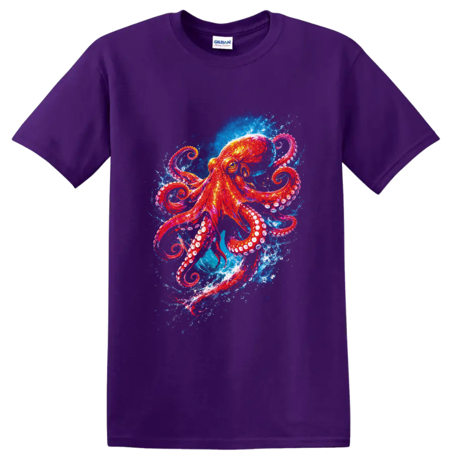 Vibrant watercolor octopus with curling tentacles in blue ocean splashes on a Purple T Shirt