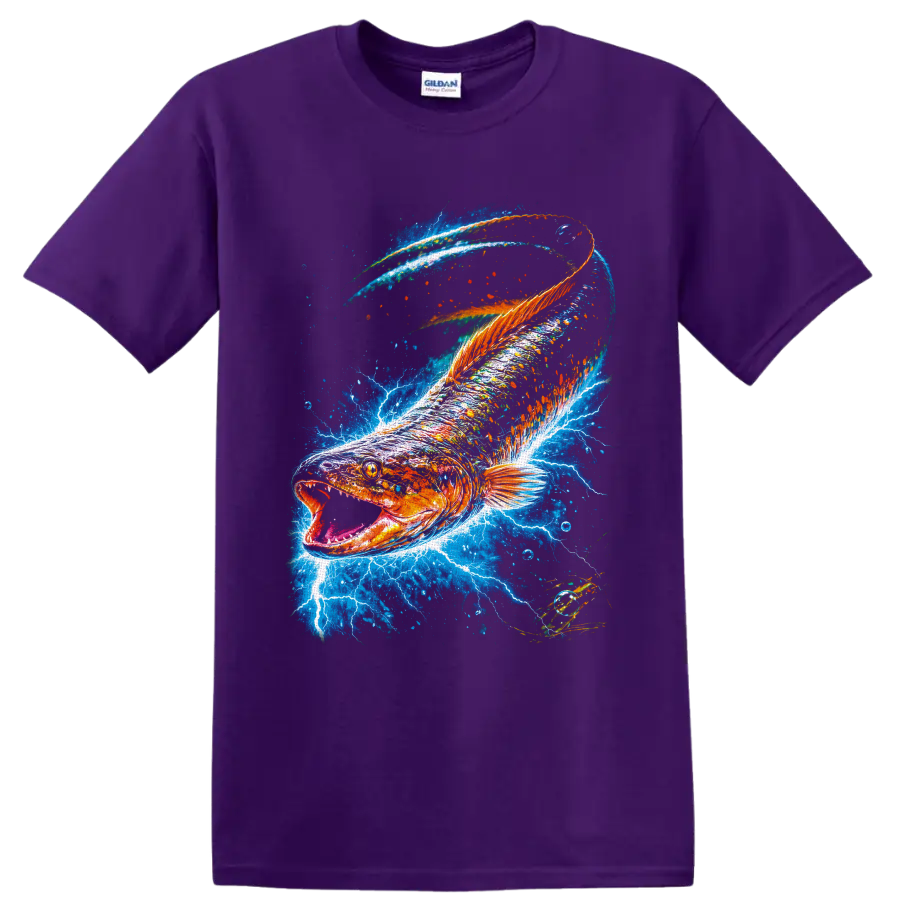 Largemouth bass with lightning and vivid blue water splash graphic on a Purple T Shirt
