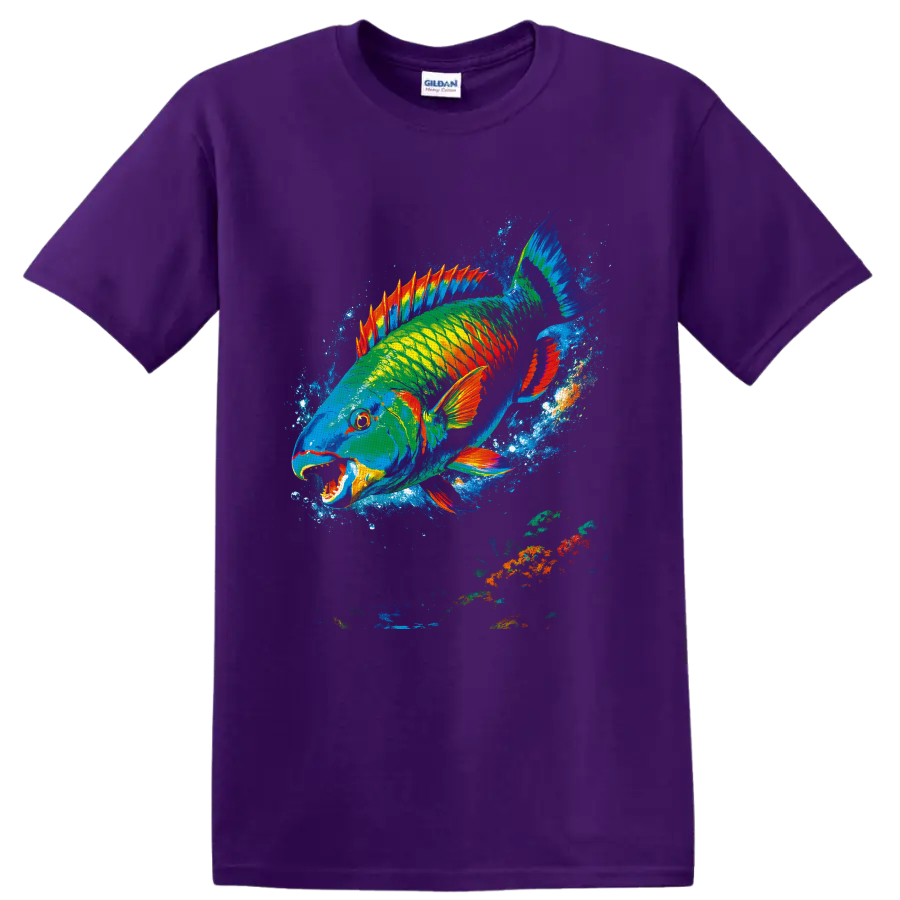 Vibrant painterly parrotfish graphic swimming through an electric blue ocean splash on a Purple T Shirt