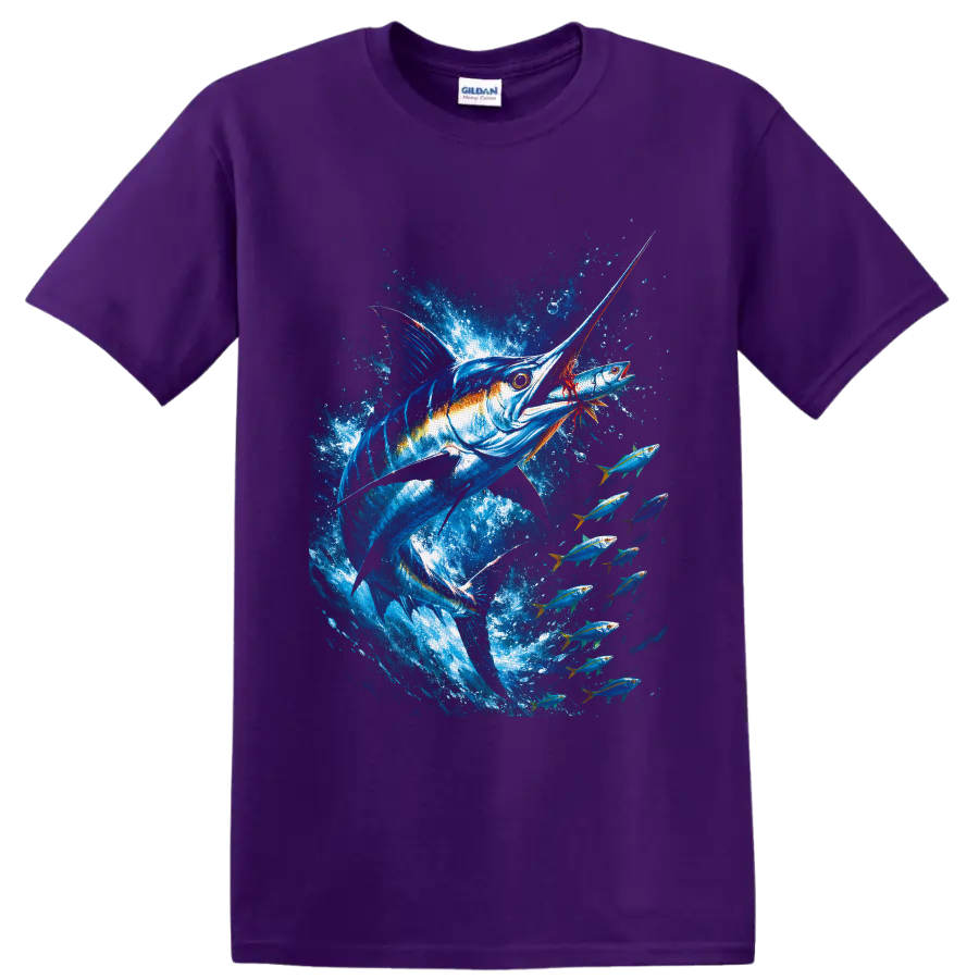 Blue marlin chasing a fish amid schooling tuna in vivid ocean splash artwork on a Purple T Shirt