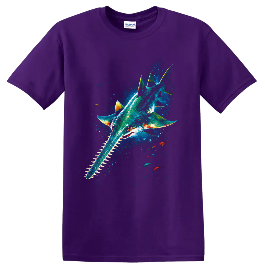 Colorful sawshark graphic swimming through a glowing deep-blue underwater scene on a Purple T Shirt