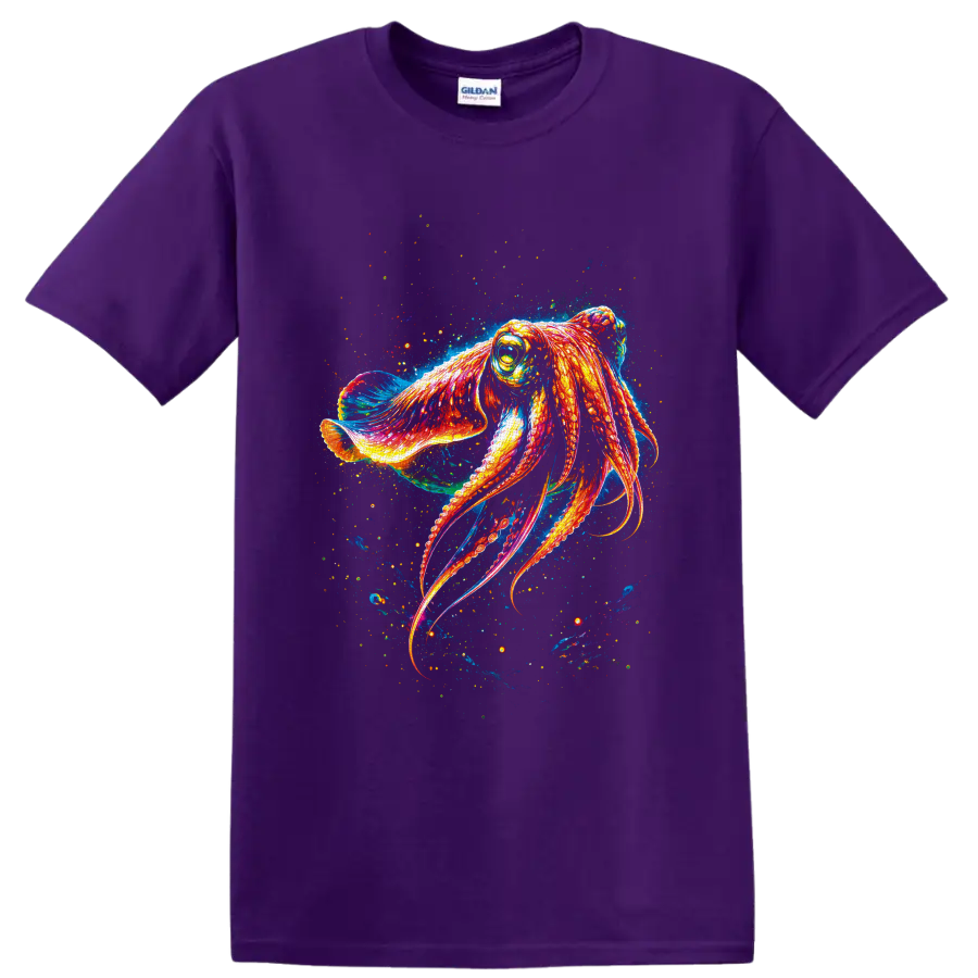 Neon orange octopus with curling arms in an electric blue ocean splash illustration on a Purple T Shirt
