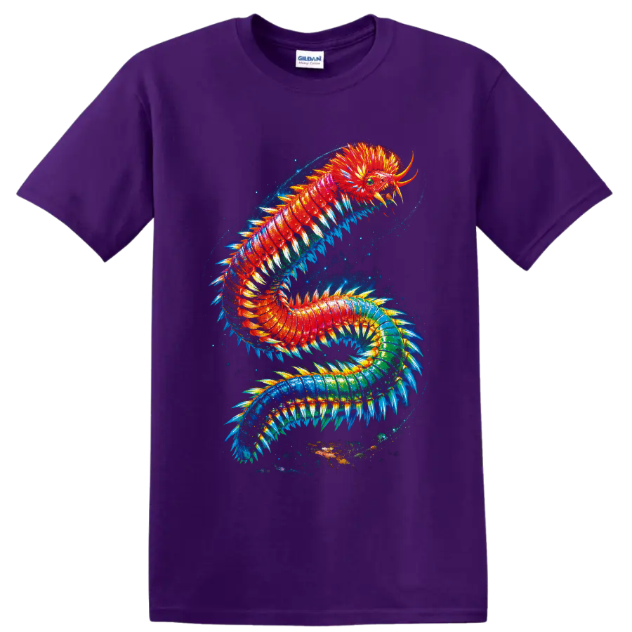 Surreal rainbow marine bristle worm with glowing bristles in a cosmic ocean swirl on a Purple T Shirt