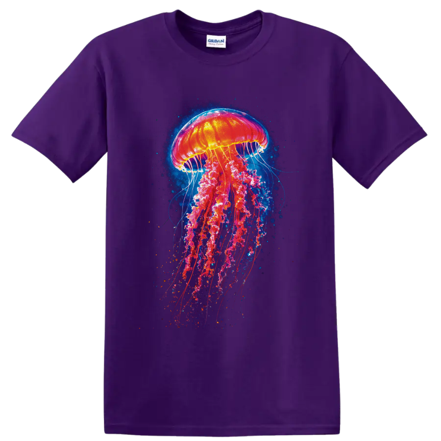Neon jellyfish graphic art with glowing tentacles and deep blue ocean particles on a Purple T Shirt