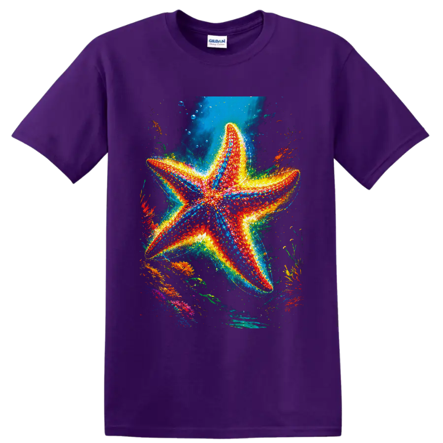 Vibrant red and blue starfish in a glowing tropical coral reef scene on a Purple T Shirt