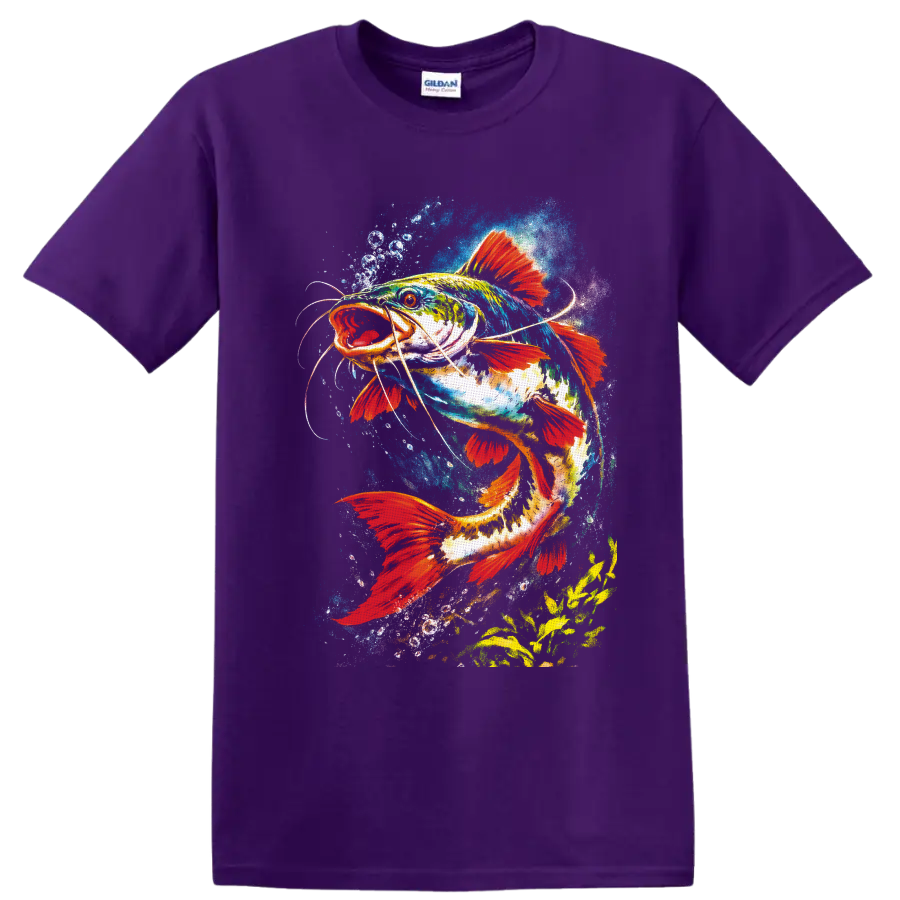 Vibrant watercolor catfish with red fins swimming through blue splashes and bubbles on a Purple T Shirt