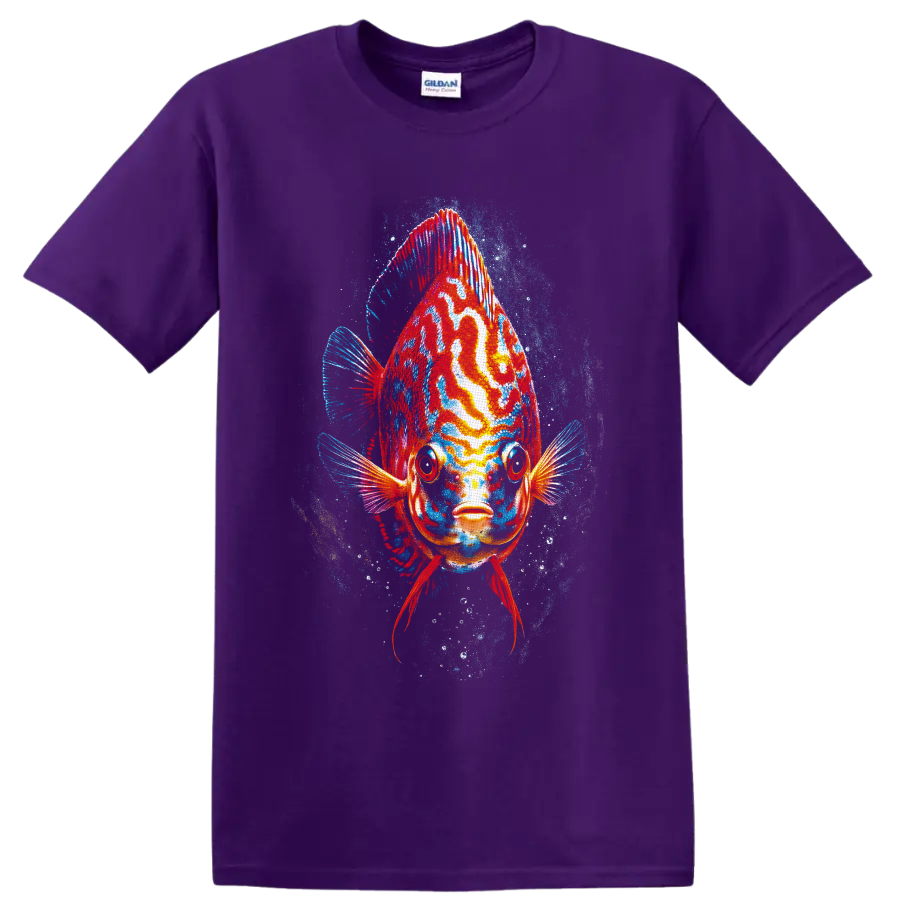 Colorful discus fish portrait with red, orange, and turquoise underwater splash art on a Purple T Shirt