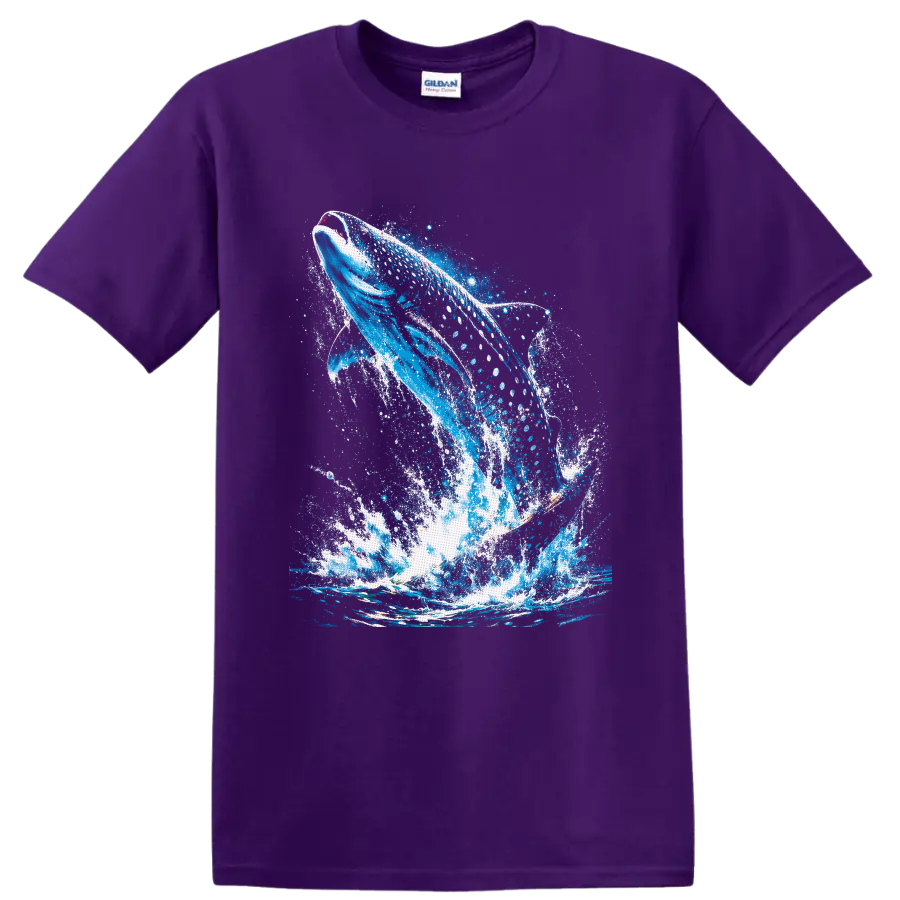 Breaching humpback whale in vivid blue ocean splash and paint-splatter artwork on a Purple T Shirt