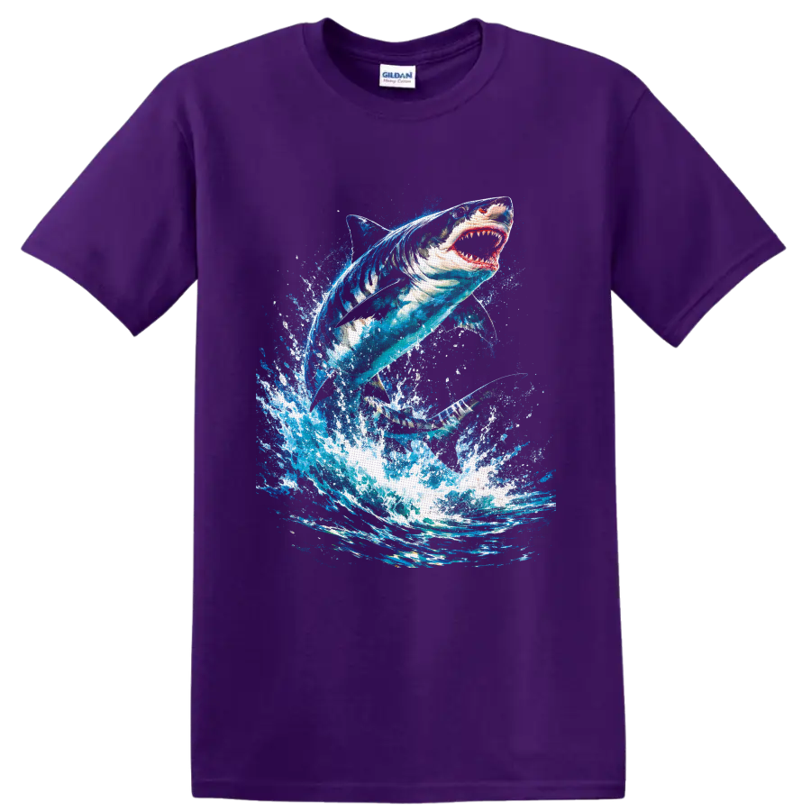 Great white shark leaping through a vivid blue ocean wave splash art design on a Purple T Shirt