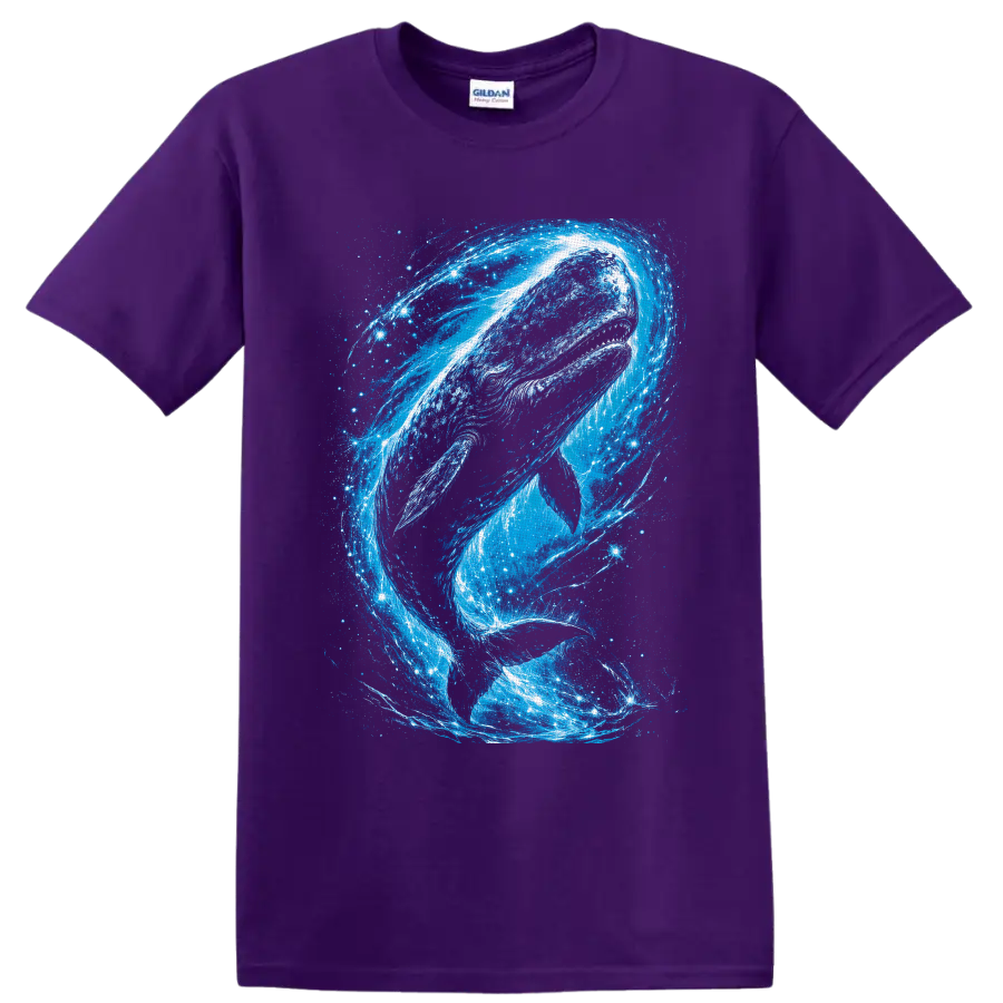 Humpback whale in swirling blue cosmic ocean waves and starry galaxy art on a Purple T Shirt
