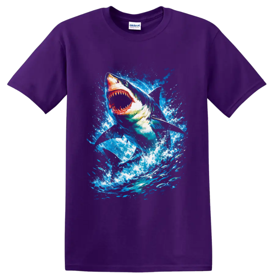 Great White Shark lunging through vivid blue ocean splash art on a Purple T Shirt