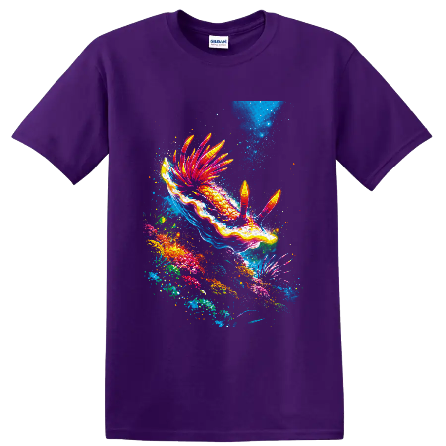 Vibrant nudibranch sea slug swimming through a colorful coral reef illustration on a Purple T Shirt