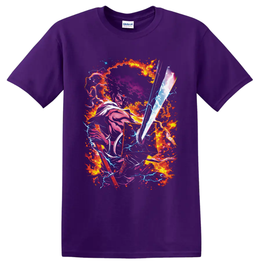 Mononoke Medicine Seller with glowing spirit sword, fire, and lightning anime art on a Purple T Shirt