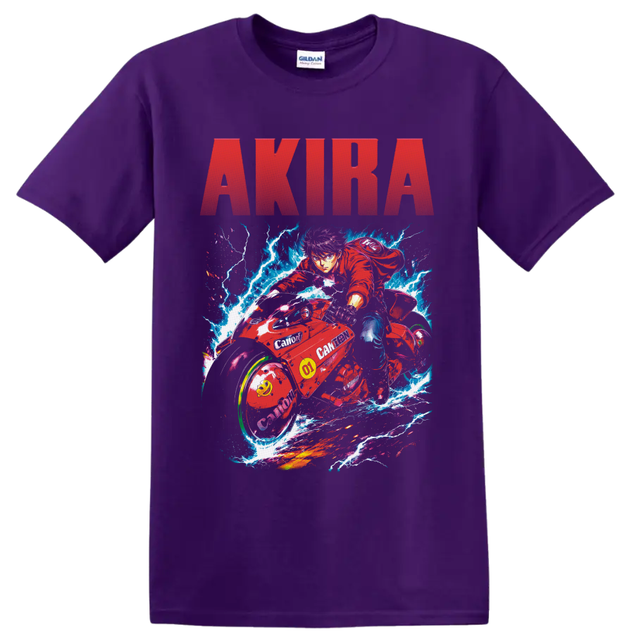 Shotaro Kaneda on red motorcycle with lightning and AKIRA text in neon anime art on a Purple T Shirt