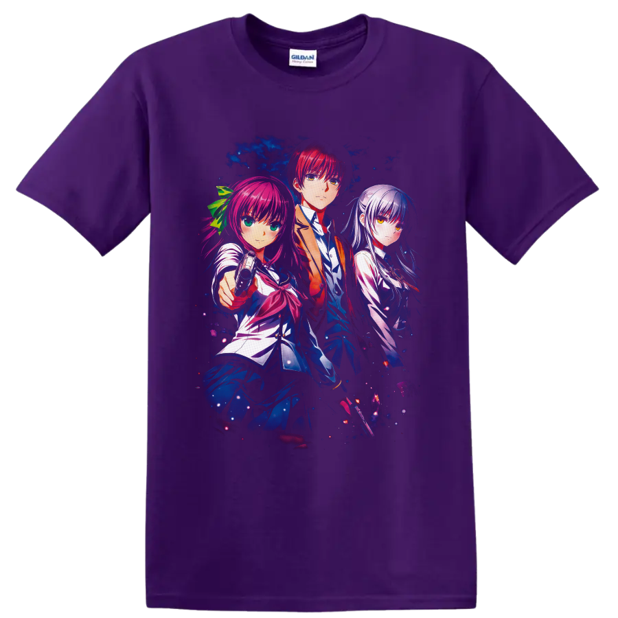 Angel Beats Yuri, Yuzuru, and Kanade cosmic anime character art on a Purple T Shirt