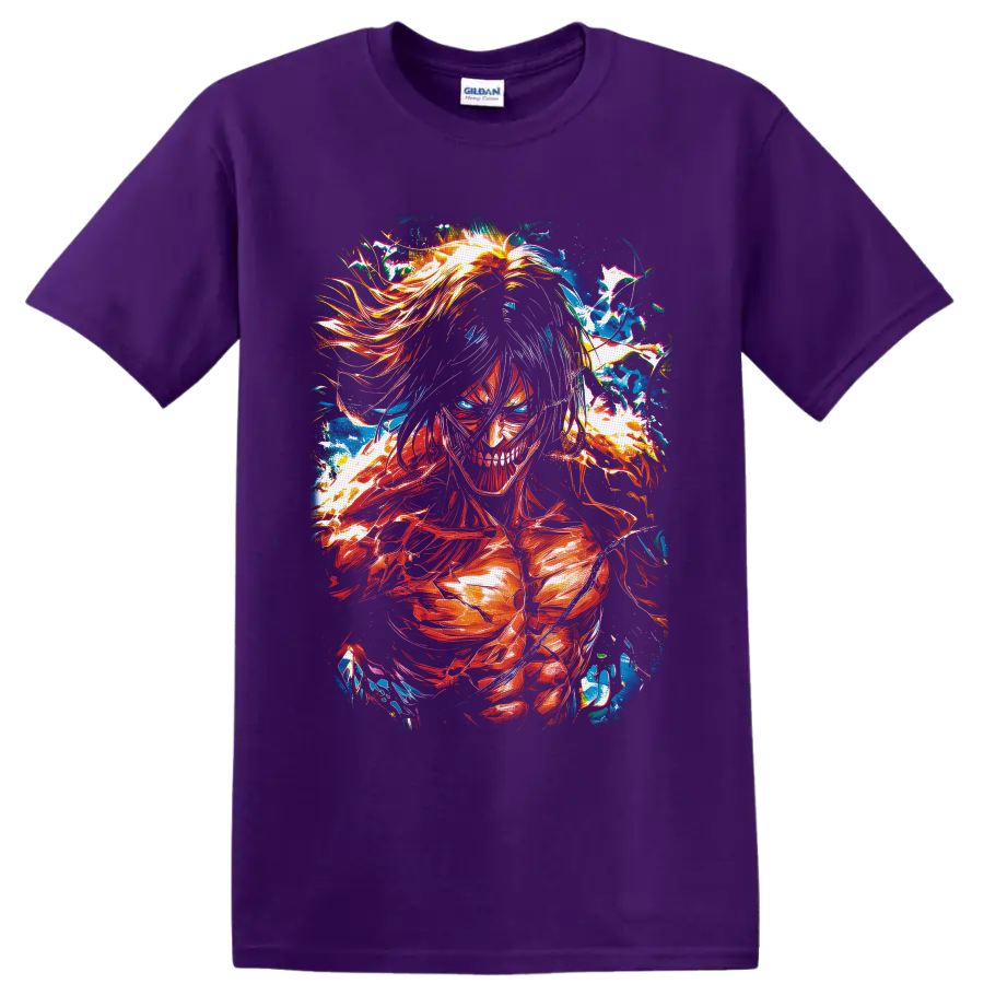 Eren Yeager Attack Titan in vivid red-orange and blue color-burst anime art on a Purple T Shirt