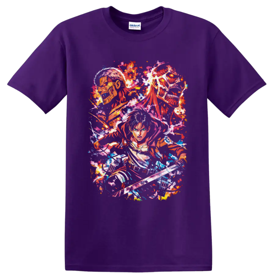 Eren Yeager with Armored and Colossal Titans in vivid splatter-paint anime art on a Purple T Shirt