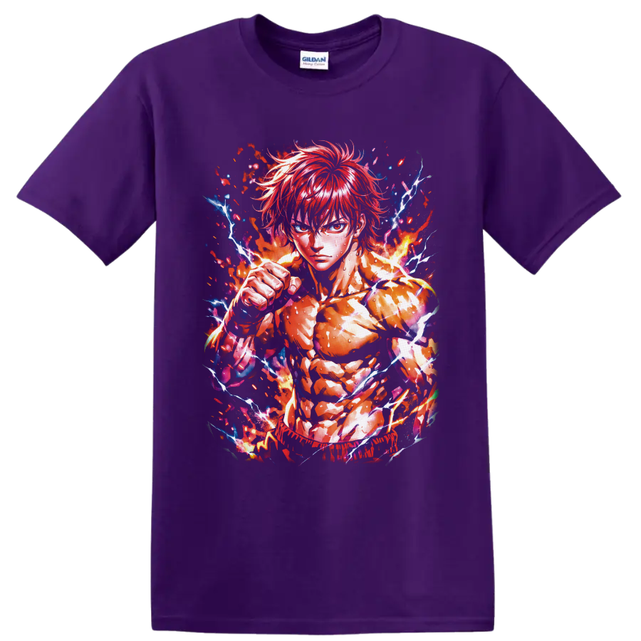 Baki Hanma anime fighter with raised fist, fire, and crackling lightning art on a Purple T Shirt