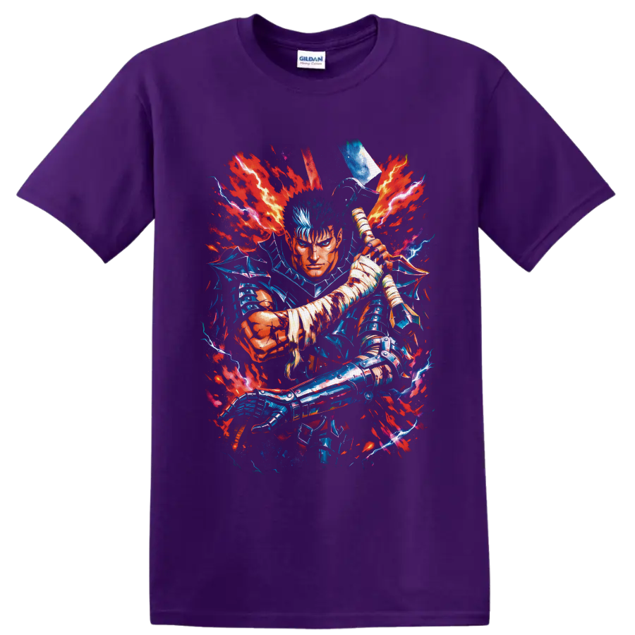 Guts Berserk Flame Dragon Knight swordfighter with red flames and blue lightning on a Purple T Shirt