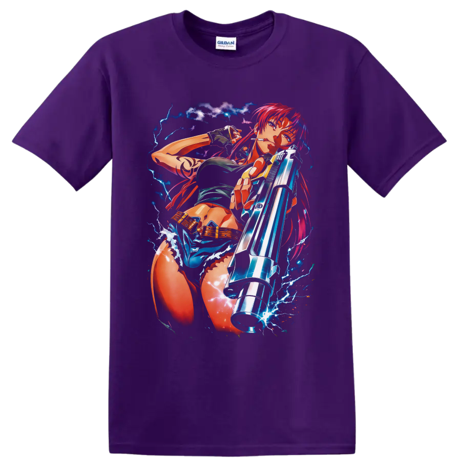 Revy from Black Lagoon in vivid anime gunfighter art with blue lightning on a Purple T Shirt