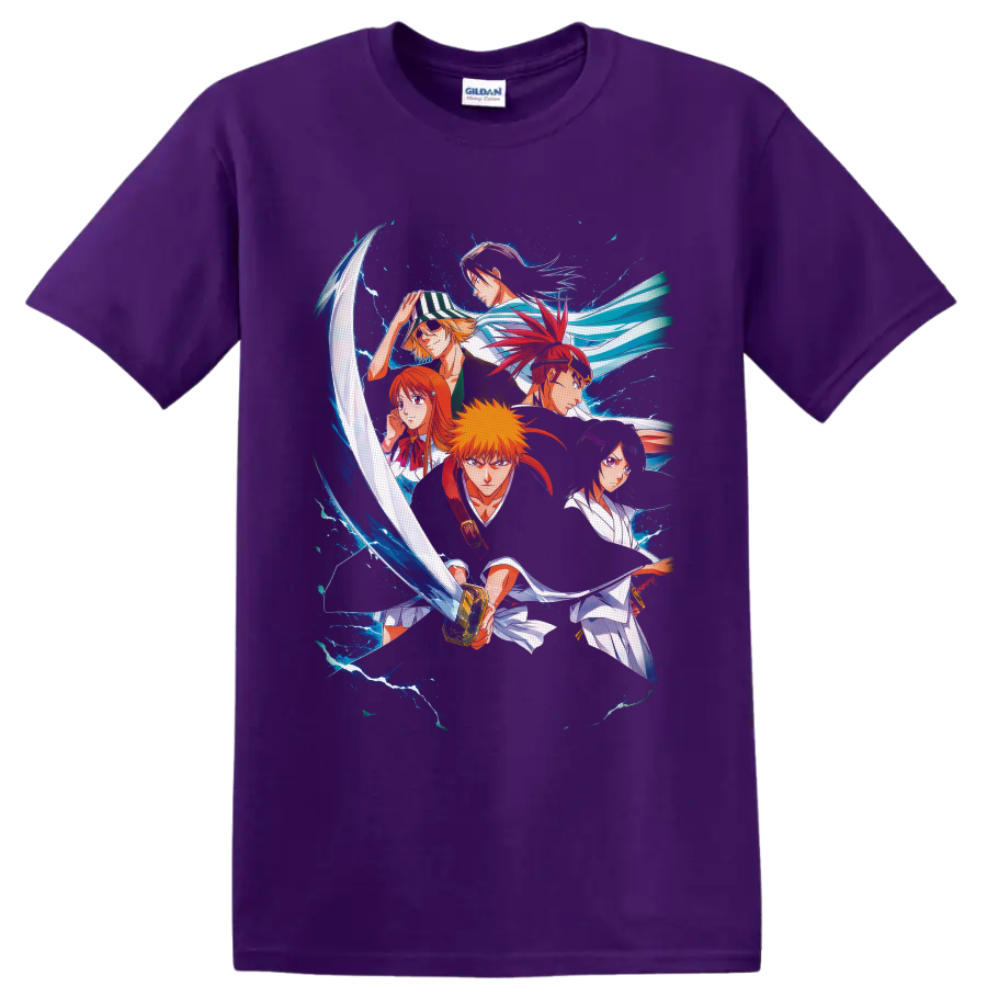 Bleach character group anime art with Ichigo Kurosaki, sword, and blue energy on a Purple T Shirt