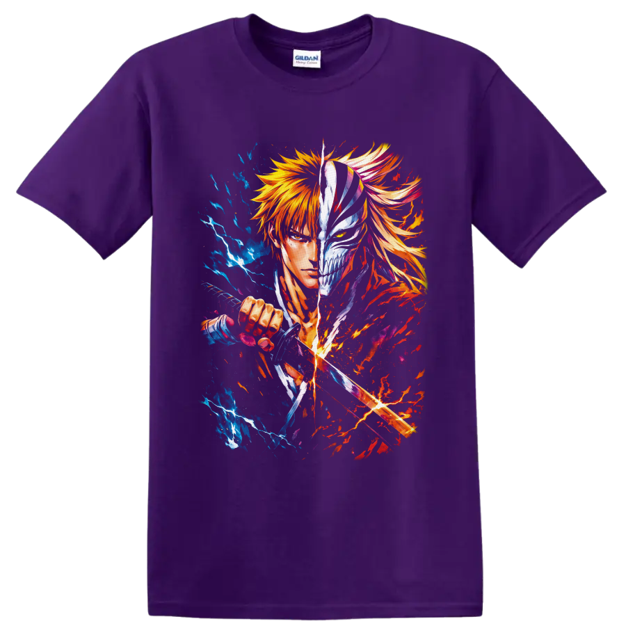 Ichigo Kurosaki split Hollow mask anime art with sword slash and blue fiery energy on a Purple T Shirt