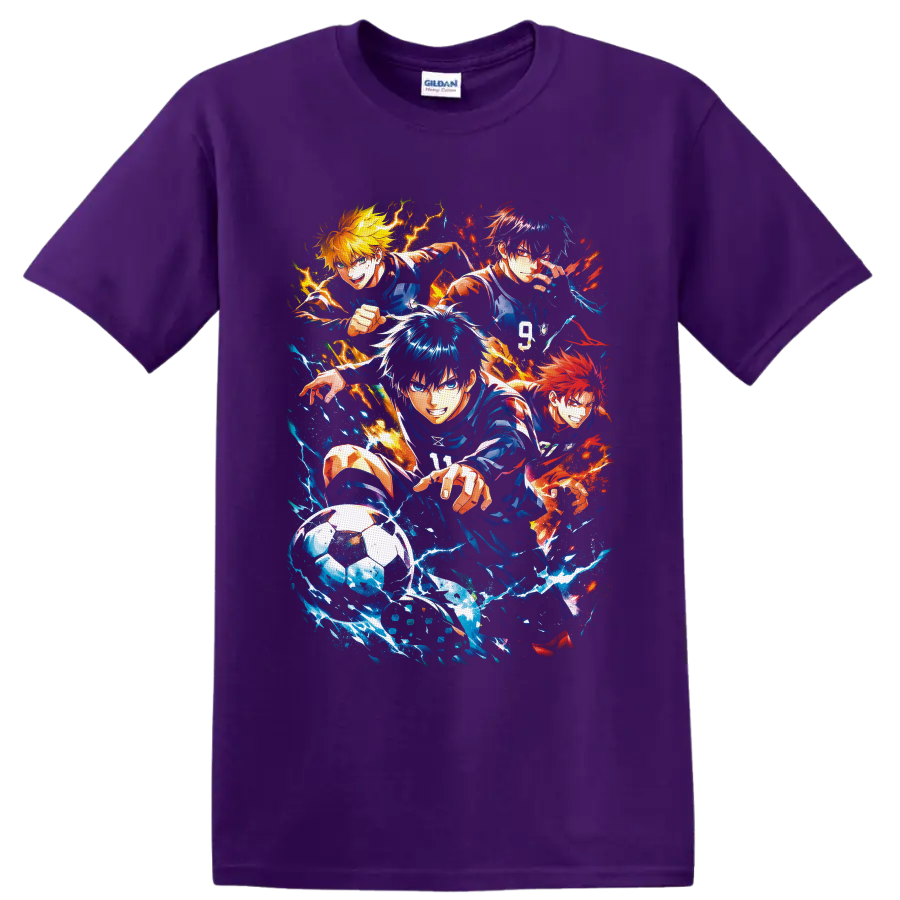 Satoru Gojo and Blue Lock anime soccer players in explosive blue and orange splatter art on a Purple T Shirt
