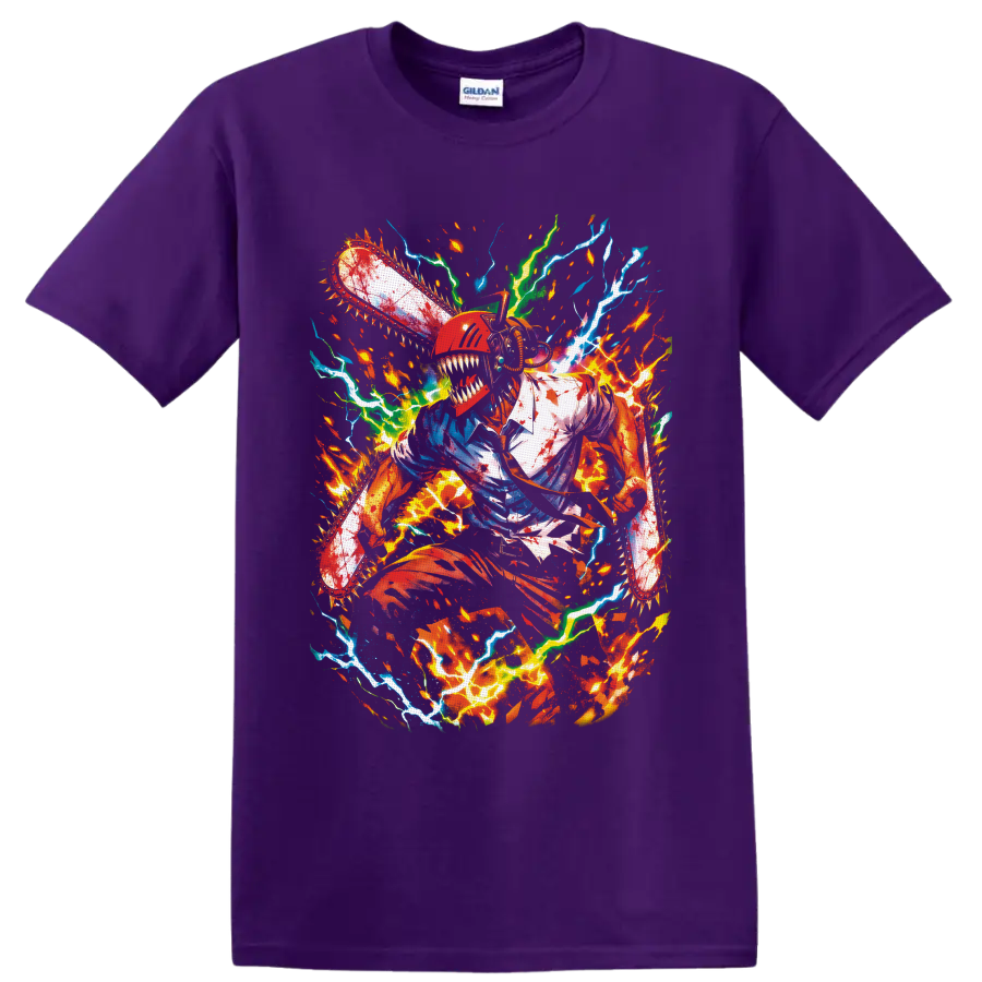 Denji Chainsaw Man chainsaw transformation with fiery splatter and electric anime art on a Purple T Shirt