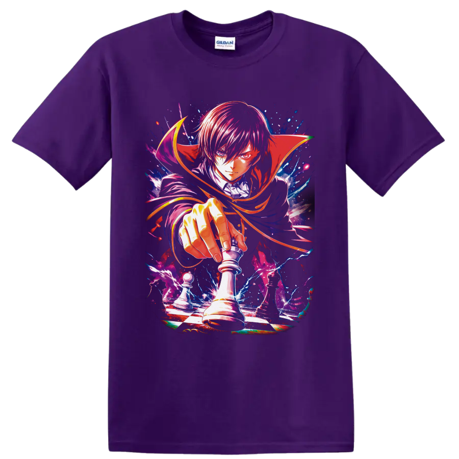Lelouch Lamperouge chess king anime art with crimson cape and electric checkerboard on a Purple T Shirt