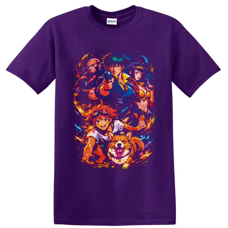 Cowboy Bebop crew anime art with Spike, Jet, Faye, Edward, Ein, flames and blue energy on a Purple T Shirt