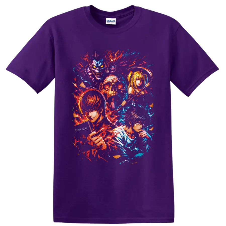 Death Note character collage with Light, L, Misa, Ryuk, skull, scythe, and splatter art on a Purple T Shirt