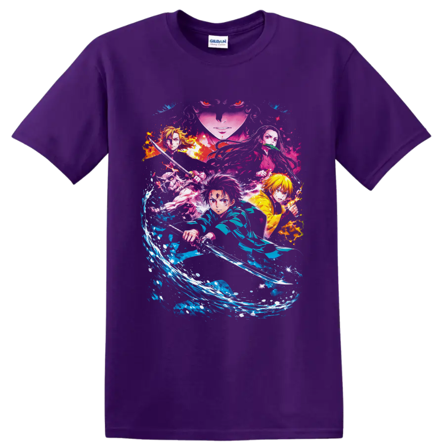 Demon Slayer collage with Tanjiro, Zenitsu, Inosuke, Nezuko, water and flame effects on a Purple T Shirt